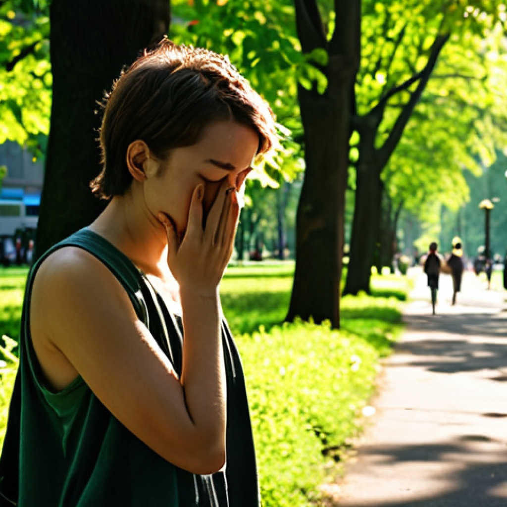 **Prompt:** A person, initially appearing weighed down by urban stress, stands in a vibrant, sun-dappled urban park. They are taking a deep, calming breath, their shoulders relaxing, and a subtle sense of peace and mental clarity washing over their face. The background subtly blurs the city noise, highlighting the rich green foliage and filtered light around them.