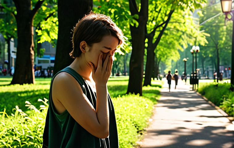 **Prompt:** A person, initially appearing weighed down by urban stress, stands in a vibrant, sun-dappled urban park. They are taking a deep, calming breath, their shoulders relaxing, and a subtle sense of peace and mental clarity washing over their face. The background subtly blurs the city noise, highlighting the rich green foliage and filtered light around them.