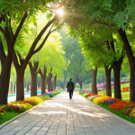 **A serene park scene:** Lush green trees and colorful flowers in a Turkish park, with a person peacefully walking among them. Soft, diffused sunlight filtering through the leaves, creating a calming and refreshing atmosphere. Focus on the rejuvenating power of nature and the vibrant colors of the local flora.