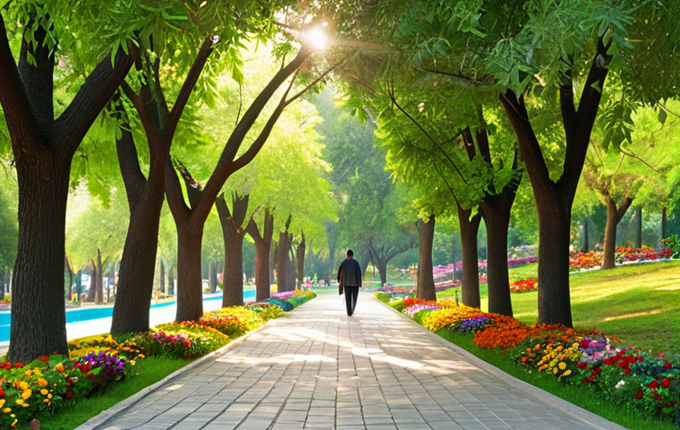 **A serene park scene:** Lush green trees and colorful flowers in a Turkish park, with a person peacefully walking among them. Soft, diffused sunlight filtering through the leaves, creating a calming and refreshing atmosphere. Focus on the rejuvenating power of nature and the vibrant colors of the local flora.