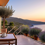 **

A cozy boutique hotel balcony overlooking the Aegean Sea at sunrise. Olive trees and lavender fields surround the hotel. A person is enjoying a fresh coffee, breathing in the fresh air. Focus on the serenity and natural beauty. The style should evoke a sense of luxury intertwined with nature.

**