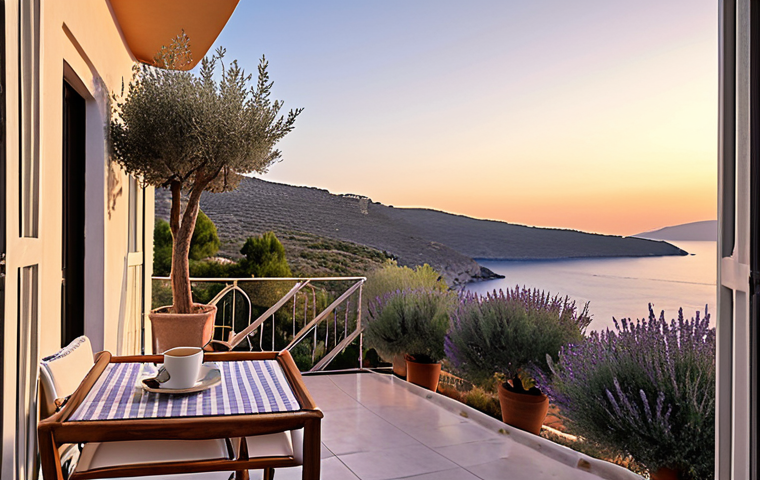 **

A cozy boutique hotel balcony overlooking the Aegean Sea at sunrise. Olive trees and lavender fields surround the hotel. A person is enjoying a fresh coffee, breathing in the fresh air. Focus on the serenity and natural beauty. The style should evoke a sense of luxury intertwined with nature.

**