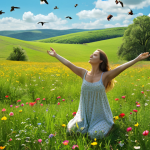 A serene nature scene: A woman barefoot, touching the earth in a lush green field under a sunny sky. Birds are flying overhead, and colorful wildflowers dot the landscape. The overall mood is peaceful and rejuvenating, emphasizing the connection with nature.