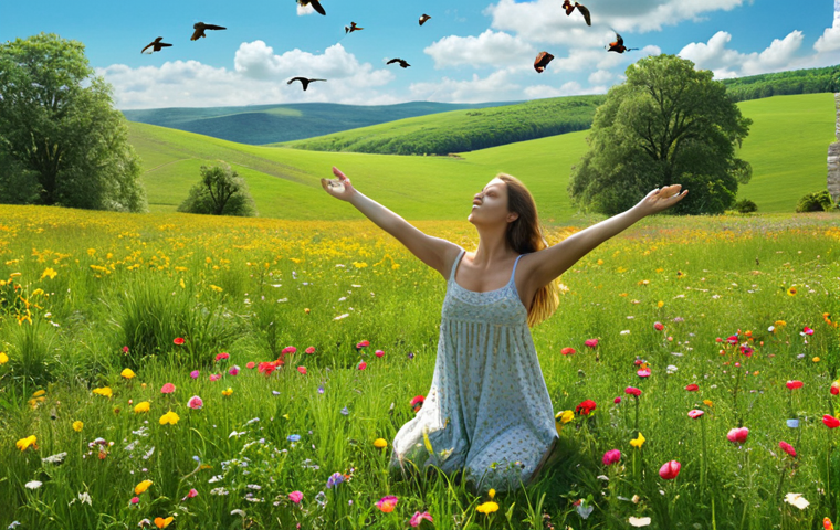 A serene nature scene: A woman barefoot, touching the earth in a lush green field under a sunny sky. Birds are flying overhead, and colorful wildflowers dot the landscape. The overall mood is peaceful and rejuvenating, emphasizing the connection with nature.