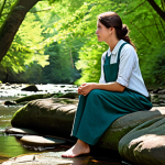 A person, fully clothed in modest, comfortable outdoor attire, sits peacefully on a smooth, weathered rock by a tranquil forest stream. Sunlight filters through the lush green canopy above, casting dappled light on the serene environment. The individual's pose is natural and relaxed, reflecting a moment of calm and introspection. safe for work, appropriate content, fully clothed, modest, natural pose, perfect anatomy, correct proportions, well-formed hands, proper finger count, professional photography, high resolution, detailed, realistic, natural lighting.