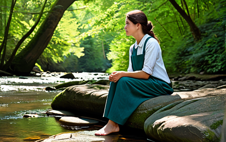 A person, fully clothed in modest, comfortable outdoor attire, sits peacefully on a smooth, weathered rock by a tranquil forest stream. Sunlight filters through the lush green canopy above, casting dappled light on the serene environment. The individual's pose is natural and relaxed, reflecting a moment of calm and introspection. safe for work, appropriate content, fully clothed, modest, natural pose, perfect anatomy, correct proportions, well-formed hands, proper finger count, professional photography, high resolution, detailed, realistic, natural lighting.