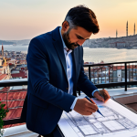 A professional architect, fully clothed in a stylish and modest outfit, sketching blueprints on a rooftop terrace overlooking Istanbul at sunset, appropriate attire, safe for work, perfect anatomy, proper finger count, natural body proportions, professional.