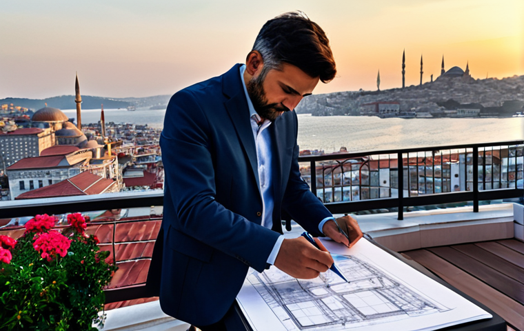 A professional architect, fully clothed in a stylish and modest outfit, sketching blueprints on a rooftop terrace overlooking Istanbul at sunset, appropriate attire, safe for work, perfect anatomy, proper finger count, natural body proportions, professional.