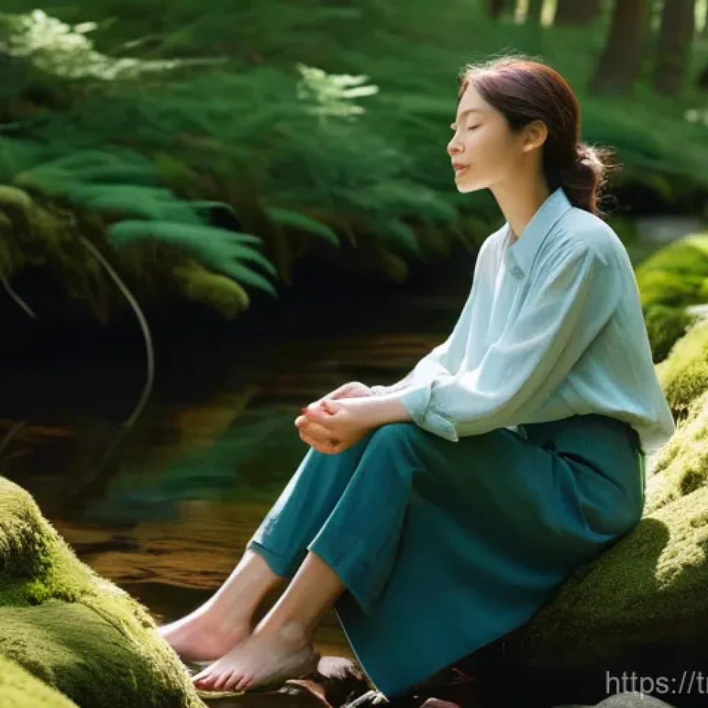 아웃도어 테라피와 지속적 성장 - **A Serene Forest Bathing Experience:** A young woman, modestly dressed in comfortable, loose-fittin...