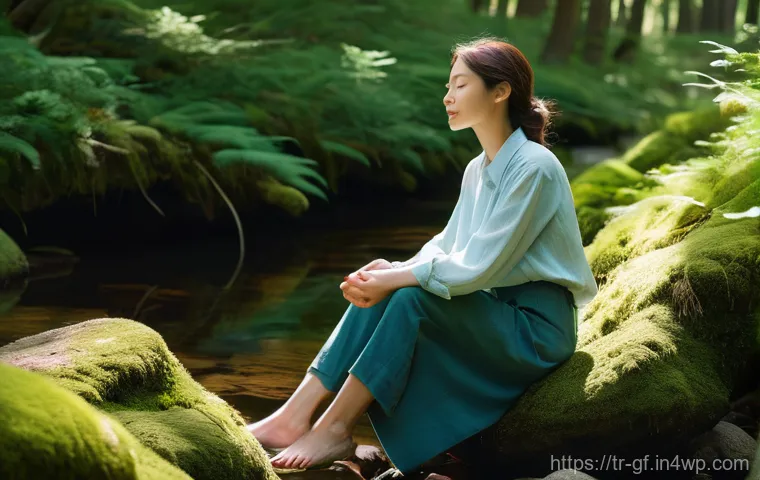아웃도어 테라피와 지속적 성장 - **A Serene Forest Bathing Experience:** A young woman, modestly dressed in comfortable, loose-fittin...