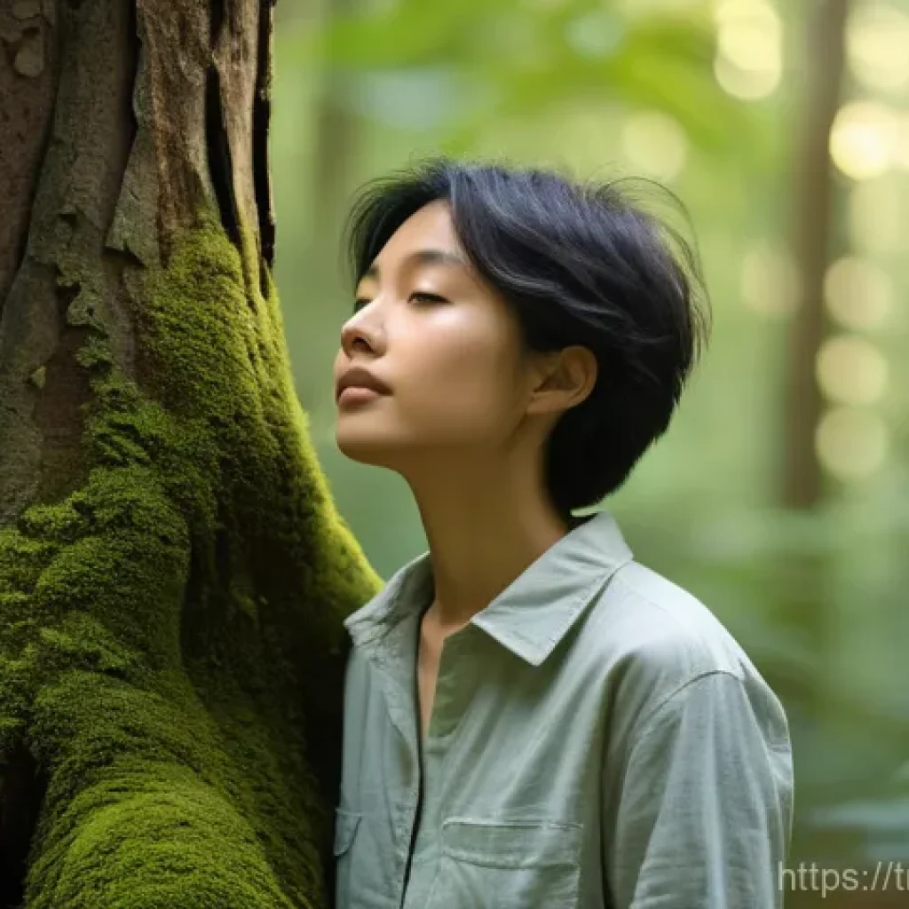 아웃도어 테라피와 건강한 삶의 스타일 - **Forest Bathing Serenity**
    "A serene and tranquil forest scene, focusing on a person experienci...