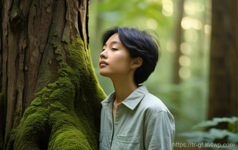 아웃도어 테라피와 건강한 삶의 스타일 - **Forest Bathing Serenity**
    "A serene and tranquil forest scene, focusing on a person experienci...