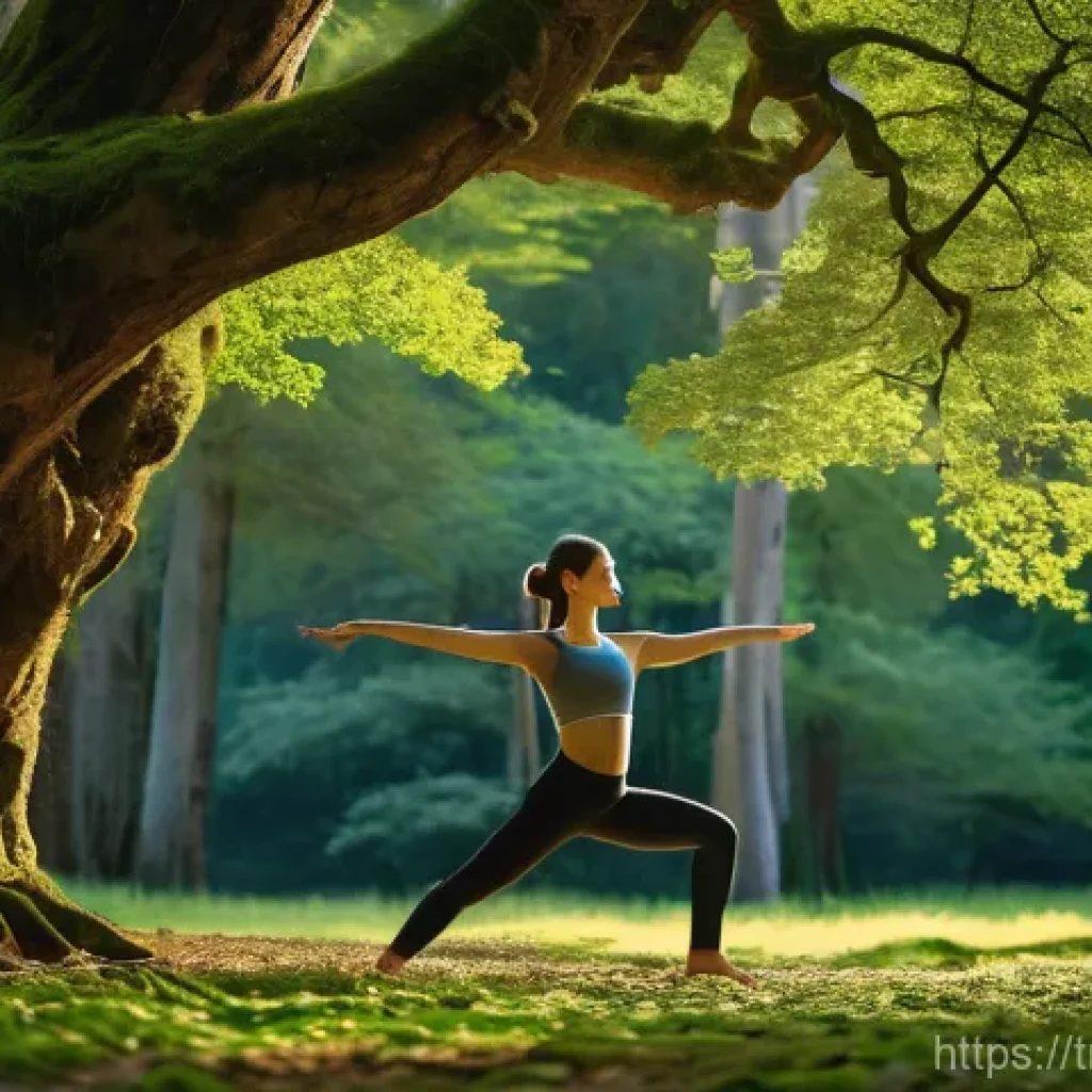 아웃도어 테라피와 요가의 시너지 효과 - **"A serene young woman, dressed in comfortable, modest yoga attire, performs a gentle Warrior II po...