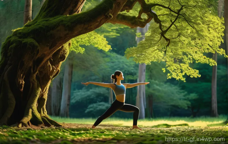 아웃도어 테라피와 요가의 시너지 효과 - **"A serene young woman, dressed in comfortable, modest yoga attire, performs a gentle Warrior II po...