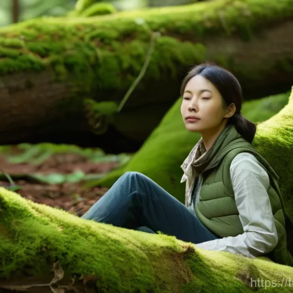 아웃도어 테라피 체험 프로그램 소개 - **Prompt:** A serene and immersive "forest bathing" (Shinrin-Yoku) scene. A person, fully clothed in...