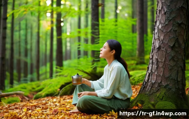 자연에서의 아웃도어 테라피 프로그램 - **Prompt:** A tranquil individual, appearing to be in their late 20s, is deeply immersed in a lush T...