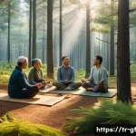 아웃도어 테라피와 명상의 결합 - A serene forest scene during early morning with soft sunlight filtering through tall pine and oak tr...