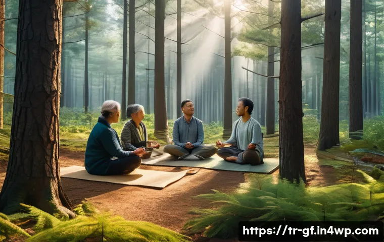 아웃도어 테라피와 명상의 결합 - A serene forest scene during early morning with soft sunlight filtering through tall pine and oak tr...