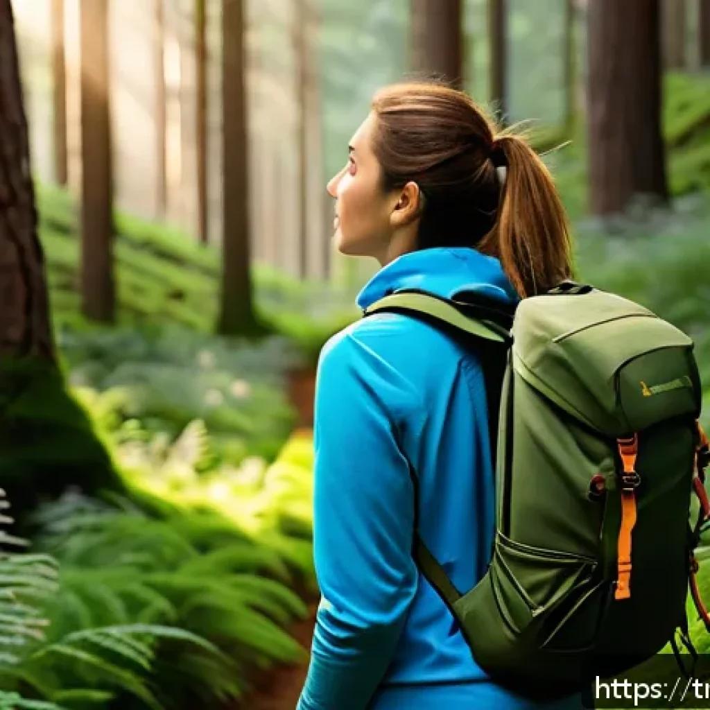 아웃도어 테라피의 기초 이론 - A serene forest scene in Turkey during early morning light, featuring a young adult woman wearing co...