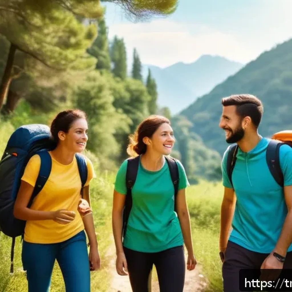 아웃도어 테라피와 인간관계의 향상 - A diverse group of 4-6 close friends hiking together on a gentle forest trail in a lush Turkish nati...