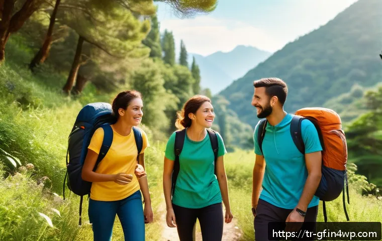 아웃도어 테라피와 인간관계의 향상 - A diverse group of 4-6 close friends hiking together on a gentle forest trail in a lush Turkish nati...