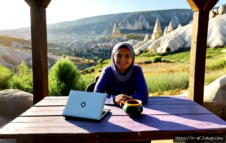 아웃도어 테라피 관련 온라인 커뮤니티 - Photorealistic Turkish outdoor therapy online community scene, a relaxed middle-aged woman in modest...